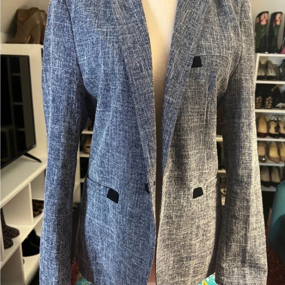 Boutique Tweed Blazer Navy Black Velvet Trim Tailored Career Jacket Size 6